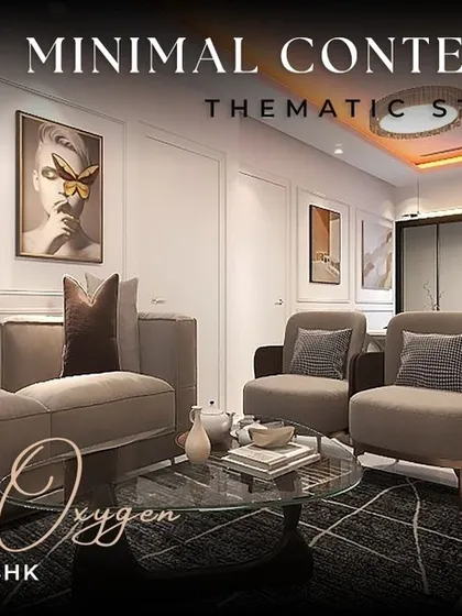The 'Minimal Contemporary' 3BHK at Confident Oxygen, Bangalore. This living room is a testament to the power of simplicity, with curated art, clean-lined furniture, and a calm color palette creating a sophisticated and serene space.