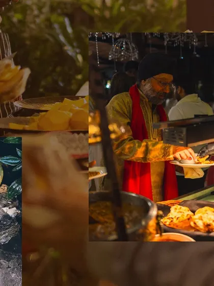 A collage showcasing the global range of our cuisine, from oysters to Indian curries.