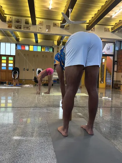 A view of athletes in Uttanasana (Standing Forward Bend). Even in a seemingly simple pose, we focus on the foundation, ensuring the legs are active and the spine is lengthening, which is critical for hamstring health and preventing lower back strain.