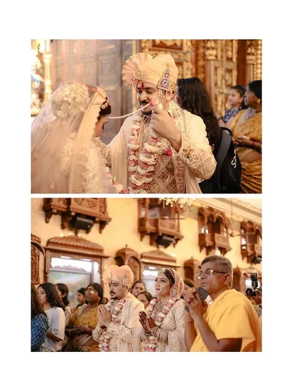 Rituals at the temple, with the couple seeking blessings together. The grandeur of the temple interior provides a stunning backdrop.