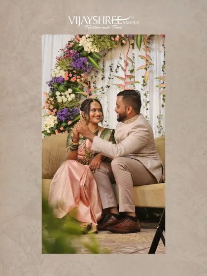 A candid moment from Rakshitha Prasad's engagement. She chose a lovely peach and green Kanjivaram, a soft and beautiful combination for a special celebration.