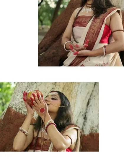 A detailed look at the symbolic elements of the shoot, focusing on the mudra hand gesture and the blowing of the conch shell.