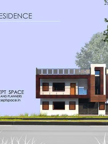 A presentation render for the Dilbag residence. The design is a compact, modern home with a clean material palette of wood and white plaster, suitable for a suburban setting.
