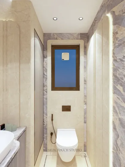 This render shows the toilet area with its wall-mounted flush panel and the beautiful contrast between the light and dark marble textures.