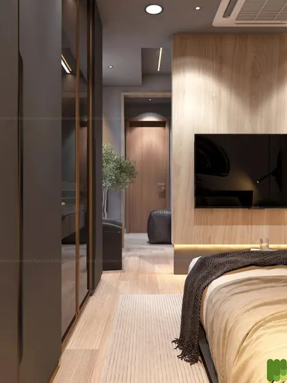 A narrow bedroom layout, showing a TV mounted on a wood-paneled wall and a wardrobe with smoked glass doors. This design maximizes space without sacrificing style.