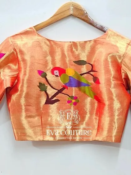 Another back view of the Paithani blouse, showing the beautiful parrot motifs.