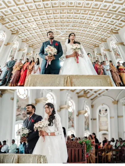 A collage from inside the church, capturing the couple at the altar during their wedding ceremony, surrounded by guests.