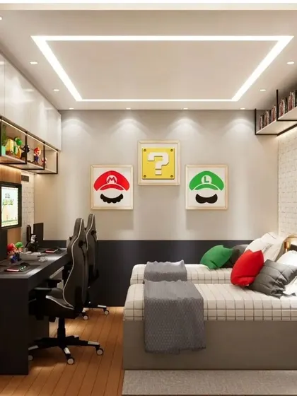 A fun and functional Super Mario-themed room designed for two brothers. This space includes twin beds, a dual-station study desk with gaming chairs, and custom wall art, showing how we create personalized and practical modular furniture for kids' rooms.