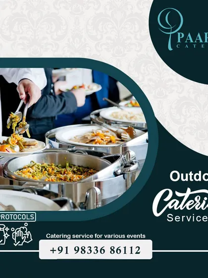 We provide complete outdoor catering services with strict adherence to safety and hygiene protocols. This image shows guests serving themselves from our well-organized buffet at an outdoor event.