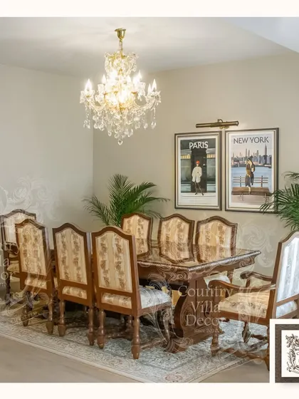 This Louis XV style dining set is a testament to the beauty of intricate craftsmanship. I chose this piece for its hand-carved details, Florentine bloom inlay, and plush upholstery, designed to turn every meal into a special occasion.
