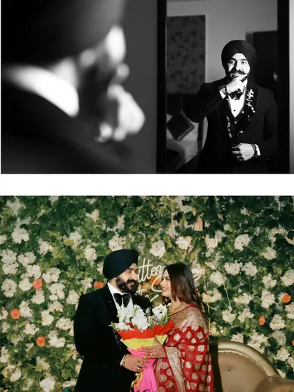 A collage from a reception night, showing the groom getting ready and the couple sharing a moment with a bouquet of flowers. It tells a small story of the evening's events.