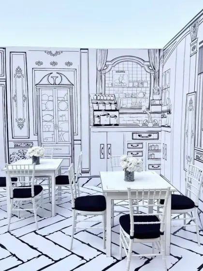 Step into a real-life cartoon with this unique 2D cafe theme. I designed this black-and-white illustrated world for a kitty party, complete with hand-drawn-style furniture and backdrops, offering a truly unique and picture-perfect party experience.