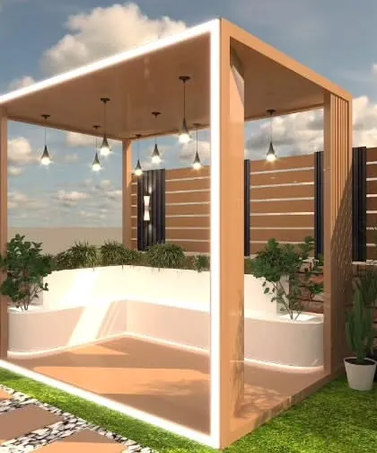 A 3D render of a modern pergola with built-in planters and seating. The design uses a mix of wood, brick, and metal, with LED strips providing ambient lighting.