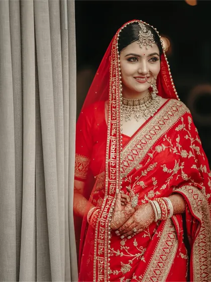 A classic portrait of the bride in her red saree, her gentle smile and elegant pose captured perfectly.
