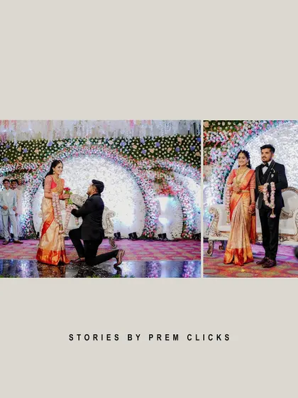 A romantic proposal during the reception. The groom on one knee against a beautifully decorated stage creates a fairytale moment.