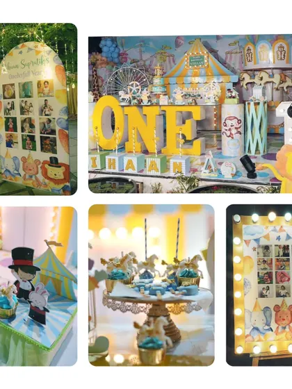A collage summarizing the key elements of the pastel carnival theme, from the milestone board and dessert table to the custom-themed treats.