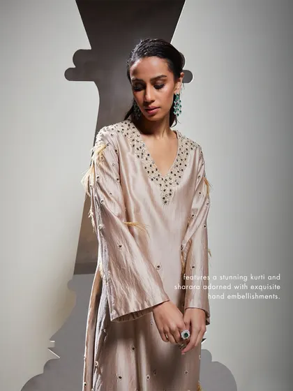 A close-up of the Dara Kurti Set, showing the stunning kurti and sharara adorned with exquisite hand embellishments and delicate feather details.