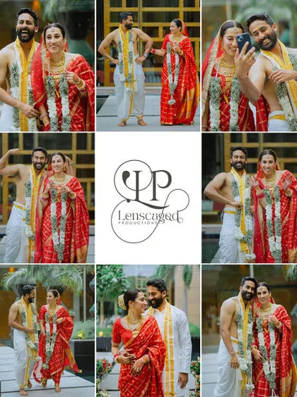 A collage showcasing the fun and playful side of a South Indian couple on their wedding day.