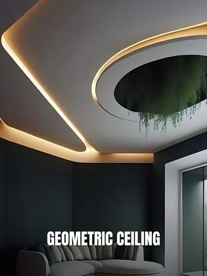 A geometric ceiling with integrated cove lighting can create a dynamic and modern feel. This design features a circular cutout with hanging plants, adding a unique biophilic element.