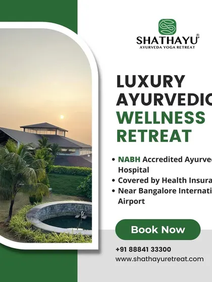 This graphic summarizes our luxury wellness retreat offering. It highlights our NABH accreditation, coverage by health insurance, and convenient location, making authentic Ayurvedic care accessible.
