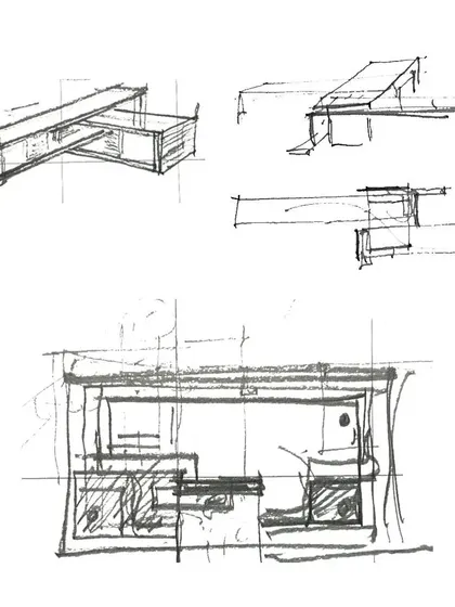More detailed sketches for the event center, exploring interior layouts and forms.