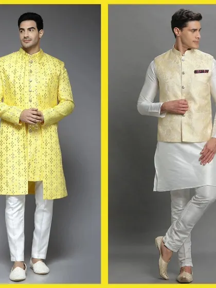 A vibrant yellow printed kurta. This pre-loved piece is perfect for a haldi ceremony or any festive daytime event.
