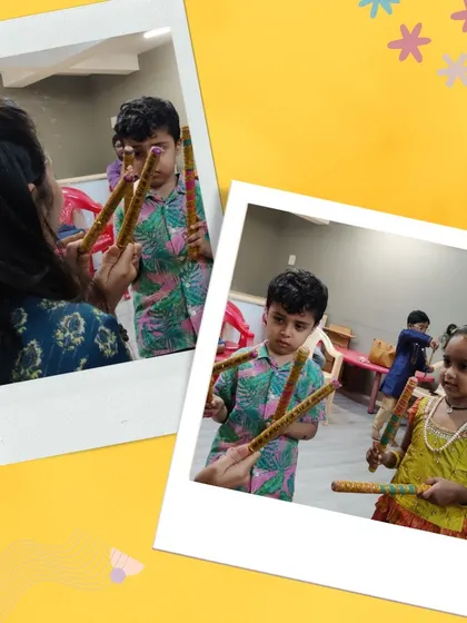 A teacher shows two children how to hold the dandiya sticks. Our celebrations are also learning opportunities, guided by our caring staff.