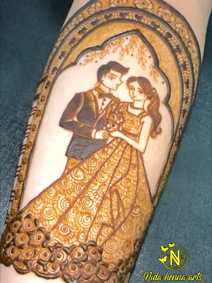 A close up of the western couple portrait on the arm, showing the detailed work on the gown and the delicate shading that adds depth to the figures.