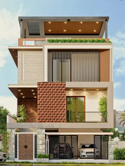 A 4BHK residence on a 30x50 west-facing corner plot in Chikkanagamangala. The design features clean vertical volumes balanced with an exposed brick jaali, a layered facade with a pergola, and an open-well staircase to bring in central light.