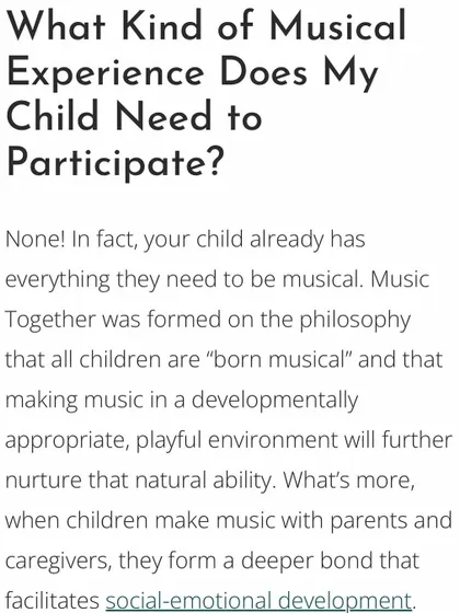 Do you need any musical experience to join? Absolutely not. This excerpt explains our philosophy that all children are born musical, and our job is to nurture that natural ability.