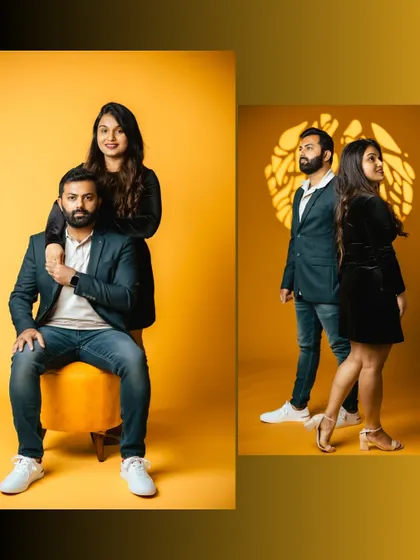 A two-panel portrait showcasing different poses against a solid yellow background. This highlights how we can create both formal and casual looks within the same studio setup.