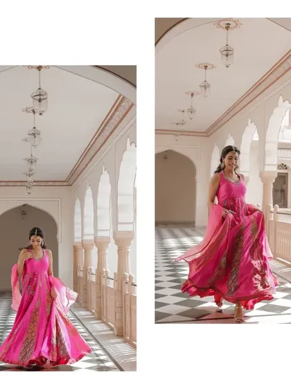 A collage of the bride in her vibrant pink outfit.
