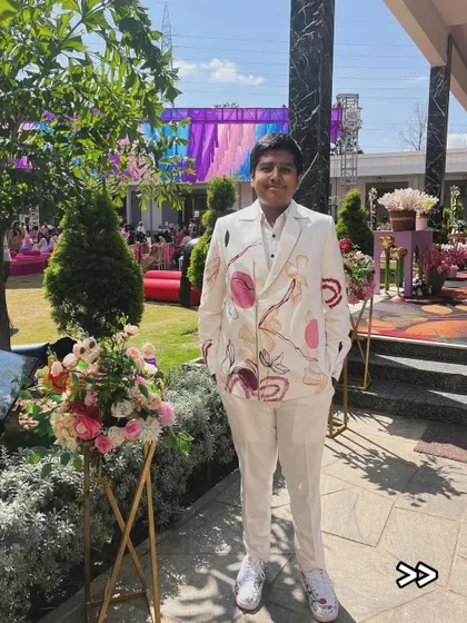 Another shot of this wonderful hand-painted carnival outfit. The abstract design flows across the jacket, making it a unique piece of art that stands out in a crowd.
