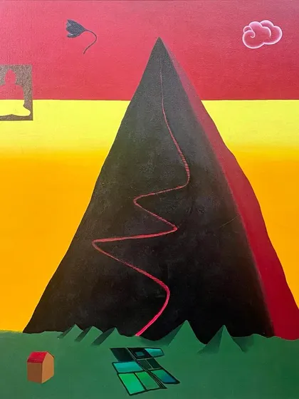 Another perspective on the Babu Eshwar Prasad painting, emphasizing the surreal, symbolic elements like the floating window and cloud. I guide clients through understanding such contemporary symbolism in Indian art.