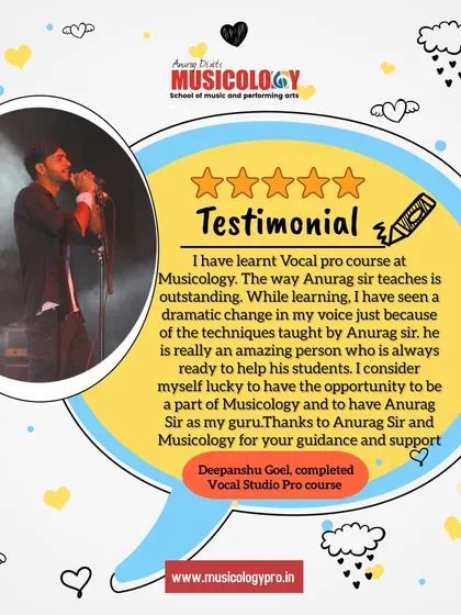 Deepanshu Goel, who completed the Vocal Studio Pro course, notes the dramatic change in his voice from the techniques I teach. He highlights my commitment to helping students succeed.