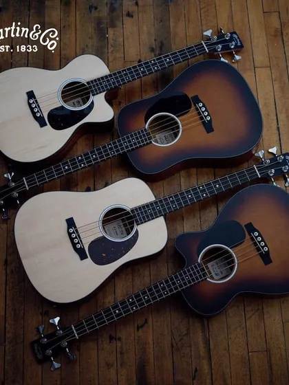 A family of Martin acoustic basses. These instruments deliver the deep, resonant tone that Martin is famous for, providing a rich low end for unplugged sessions and performances.