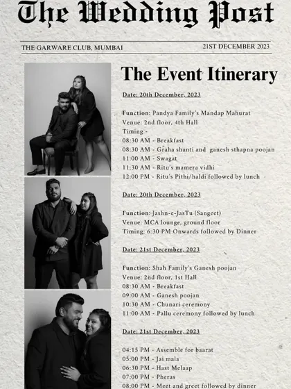 A sample of 'The Wedding Post', a personalized newspaper concept I created, showing the event itinerary.