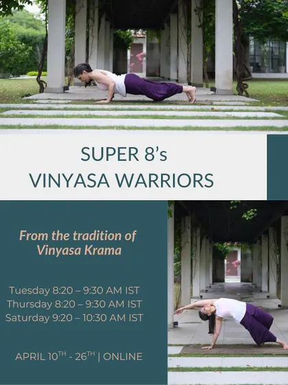 A collage promoting the Vinyasa Warriors online series, showing the dynamic and graceful movements we explore. Practice with us live on Zoom or watch the recordings at your own pace.