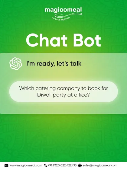 Planning an office Diwali party? This chatbot graphic begins a series explaining why I am the best choice, promising a blend of taste, health, and variety.