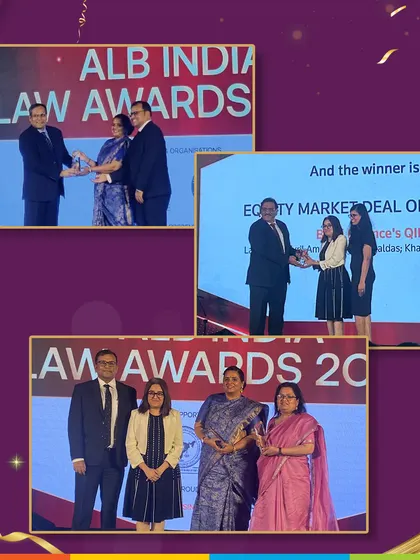 A collage from the ALB India Law Awards 2024, where we won 'Banking and Financial Services Law Firm of the Year' and received awards for several notable deals.