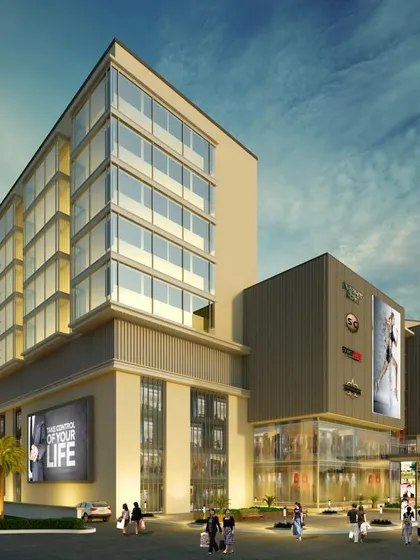 A rendering of a large-scale mixed-use development, showing the relationship between the hotel and residential tower and the adjoining retail mall. The design aims to create a seamless urban environment for living, working, and shopping.