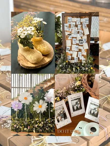 A collage of details from a baby shower, including a polaroid-based guest book, giant paper daisies, and tiny knitted booties used as a decor element. These small, creative touches make the event truly special.