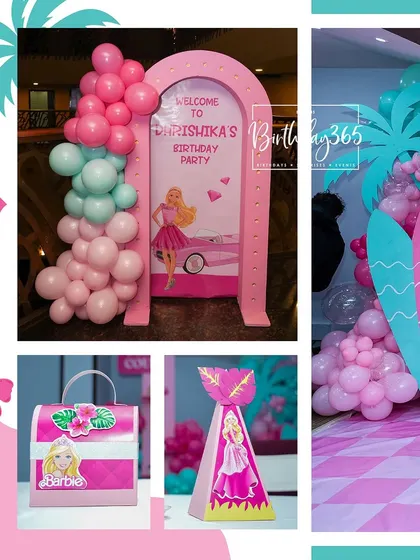 Details from our Barbie-themed party, including a custom welcome arch and personalized favor boxes and hats for the little guests.