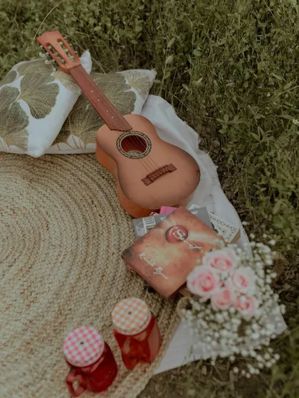 A flat-lay shot of the picnic setup, including a guitar, books, and flowers, setting the scene for a romantic afternoon.