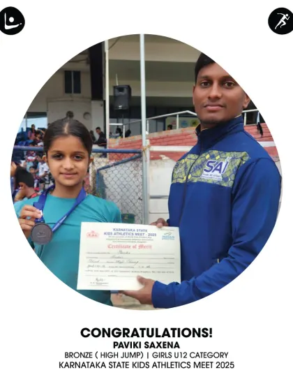 Reaching new heights! Congratulations to Paviki Saxena for winning the Bronze Medal in the U12 High Jump at the Karnataka State Kids Athletics Meet.