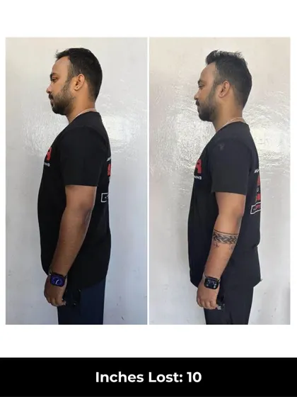 Satyam's 6-week challenge resulted in a 4 kg weight loss and a 10-inch reduction. Our program helped him achieve fat loss while gaining muscle, improving his overall strength and physique.