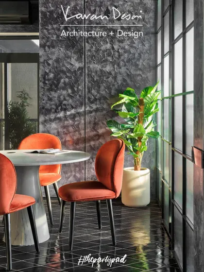 The dining setup in "The Party Pad" is perfect for a morning coffee with its stunning view. The custom marble table is from my MATILDA Collection.
