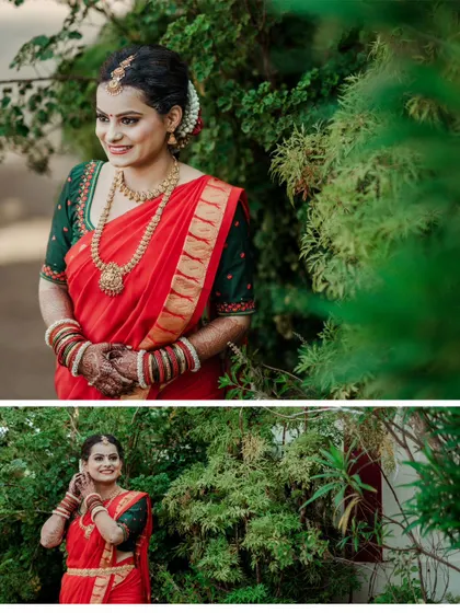 A collage of stunning bridal portraits in a red saree, taken in a natural, outdoor setting.