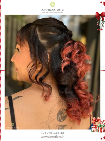 A view of the hairstyle for this festive look, showing the half-up style that keeps hair off the face while showcasing the fun, colored curls.