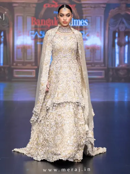 A full view of the Gold Tail Peplum Indo-Western, a perfect fusion of Indo-Western elegance ideal for glamorous bridal events.